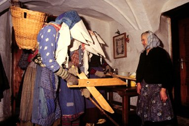 SCHNABELPERTCHEN 
Austrian Folklore figures with long beaks, a basket on their backs, large scissors, needle &amp; thread &amp; a broom. You have to let them see how clean your house is when they make their way through town on the eve of Epiphany #31daysofhalloween #FolkloreSunday