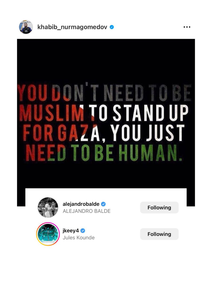 🚨🚨🚨🚨🚨🚨🚨🚨🚨🚨🚨

كوندي & بالدي لاعبين برشلونة يقومون بعمل لايك لـبوست قديم لـ حبيب نورمحمدوف:

'انت لست بحاجة لتكون مسلم كي تقف مع غزة، انت بحاجة كي تكون انسان فقط'

❤️🇵🇸