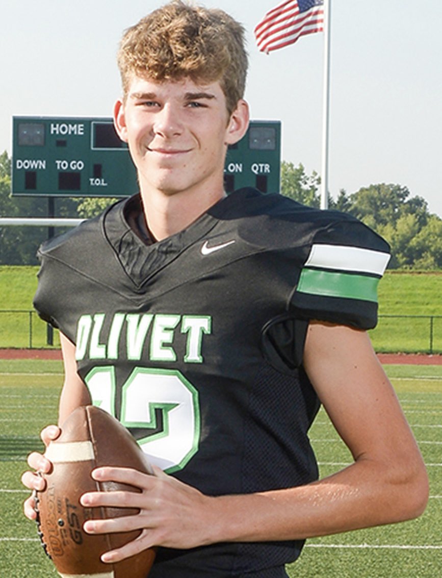 OlivetSports's tweet photo. Congrats to our OHS Athlete of the Week — Patrick Priesman!

The junior returned to the QB position Friday and was instrumental in Olivet’s 21-14 win at Lansing Catholic. Despite wearing a cast on his left hand, he threw for 132 yards &amp; 2 TDs. He also made 4 tackles as an OLB. https://t.co/L6t4dCNddk