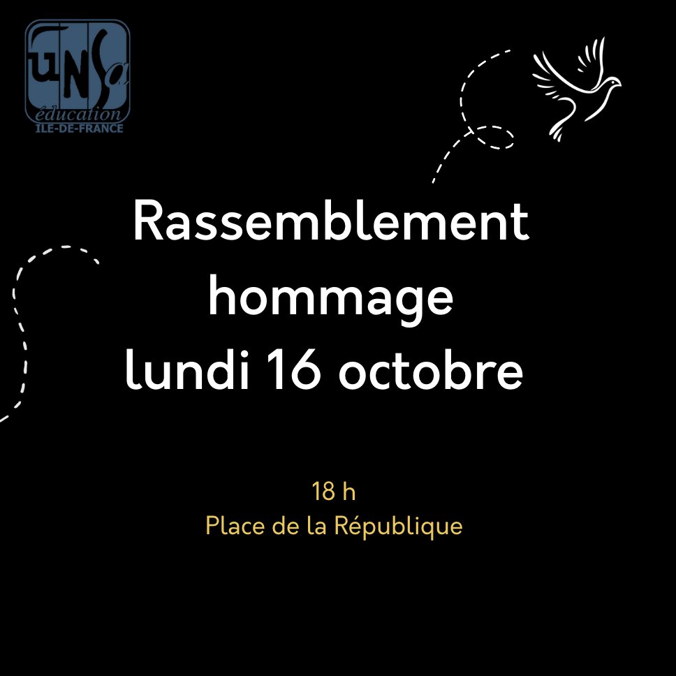 En hommage à notre collègue, Dominique Bernard et à nos collègues blessés, l’intersyndicale Ile de France "Education" appelle à se rassembler demain, lundi 16 octobre à 18h Place de la République.
unsa-education.com/articles-regio…