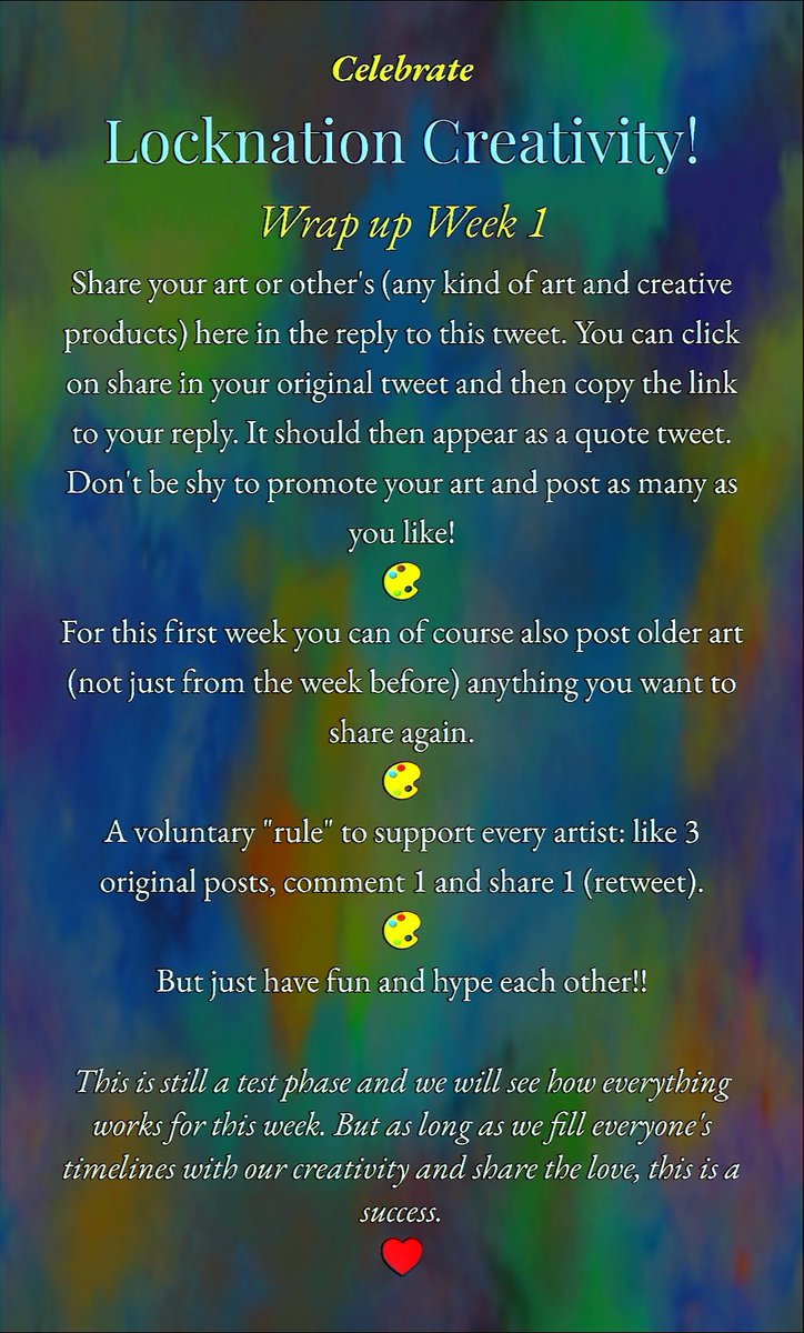 LocknationArts's tweet photo. 🎨WRAP UP POST 1🎨
Let's start celebrating Locknation Creativity!! 🎉🎉
Drop everything under this post and see the graphic for more. 💕
#savelockwoodandco #LockwoodMoodboards
(please also share this tweet so that we can share more art) ☺️ https://t.co/MKb5cXC8CH