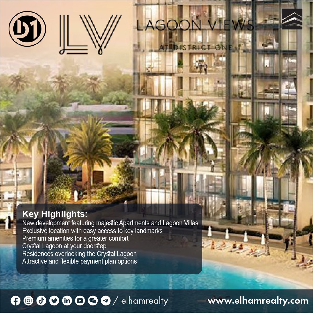 elhamrealty's tweet photo. Lagoon Views at District One offers 1 to 4-bedroom apartments, penthouses, and Lagoon villas. Nestled in the heart of MBR City, Dubai, this 22- storey tower promises a luxurious lifestyle with leisure areas and beachside attractions.Starting from AED1.65 M. #elhamrealty #ereae https://t.co/d6Xzh8uBYQ