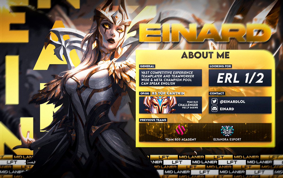 EinardLol's tweet image. Hello, I am looking for a team as a mid laner for 2024.
If you need more informations, feel free to contact any of my past teammates.
You can contact me through Dm's 
❤️and 🔁 appreciated.