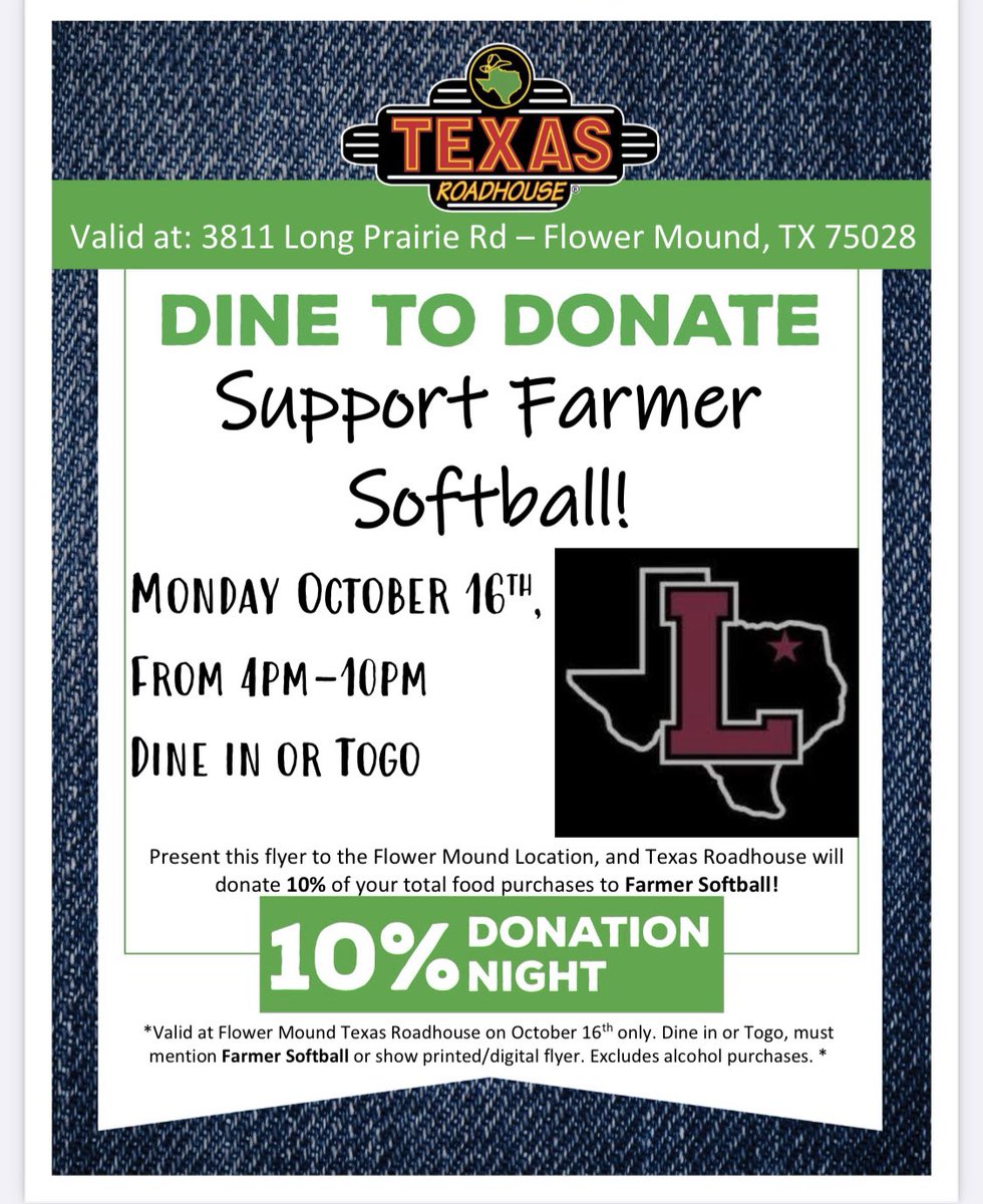 Farmer softball fundraiser!!! Join us Monday night at Texas Roadhouse starting at 4pm. Mention “ Farmer Softball” and 10% of you meal total will be donated to our program. #fundraiser #dineanddonate #farmerssoftball