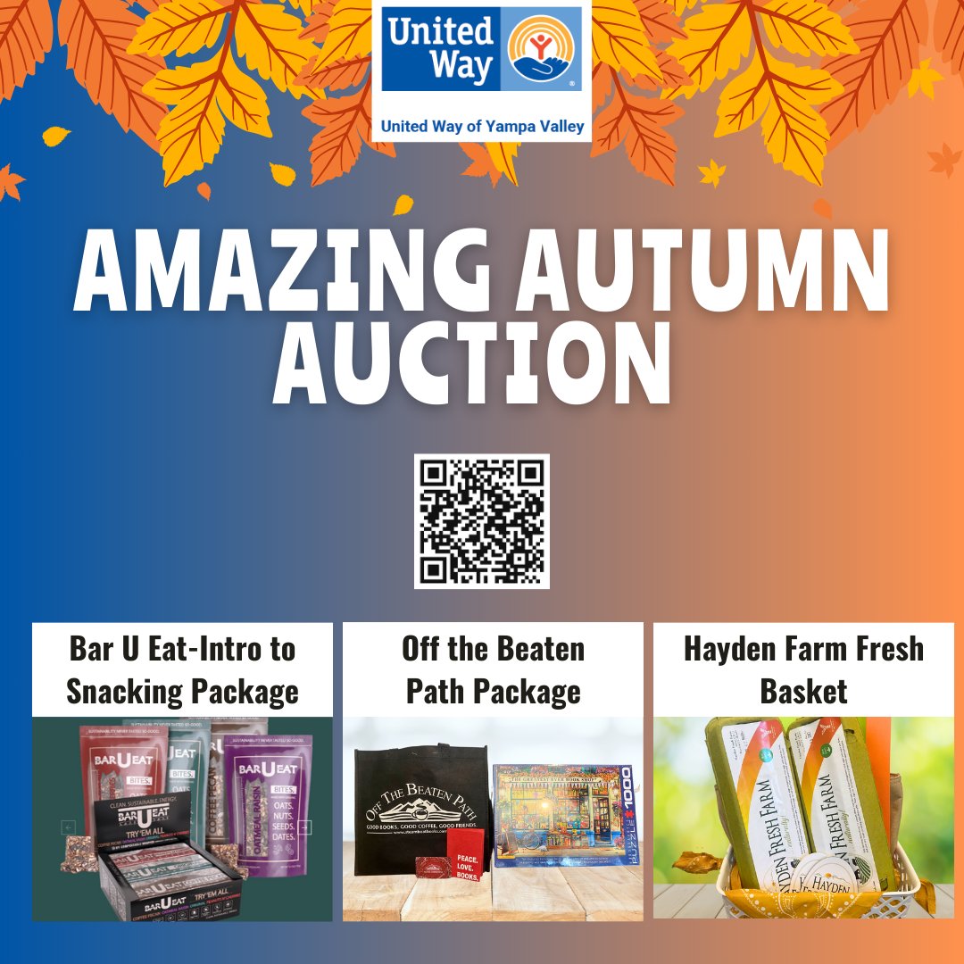 All your local favorites!
🍫<a href="/BarUEat/">BARUEAT</a> Intro to Snacking Package
📚@OfftheBeatenPath private book club night with desserts for 12, puzzle, bag, and $25 gift card
🐔 @HaydenFarmFresh Basket
32auctions.com/2023Autumn