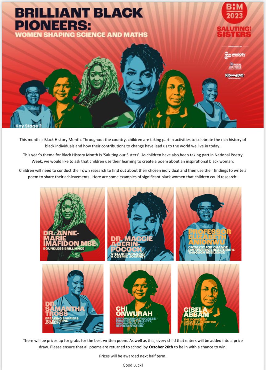 For this years #BlackHistoryMonth home learning challenge, we would like children to research a significant black women and then create a poem to share their achievements! We can’t wait to see what you come up with! 
Good Luck! @DeltaNorbridge #SalutingOurSisters