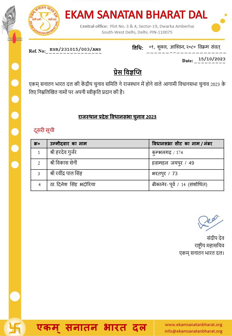 AnkurSharma_Adv's tweet photo. Announcement: List 2 (Rajasthan) 

Ekam Sanatan Bharat Dal announces 4 more MLA candidates for Assembly Elections in Rajasthan. https://t.co/hLU8Xxy2wN