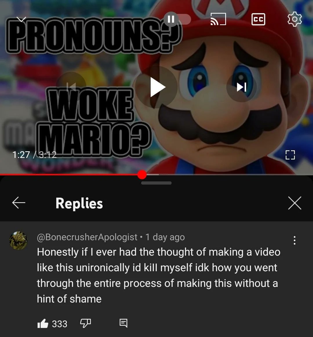 KrystalWolfyAlt's tweet image. The entire video is about Mario’s VA having “he/him” in his twitter bio lmao (He’s cis)