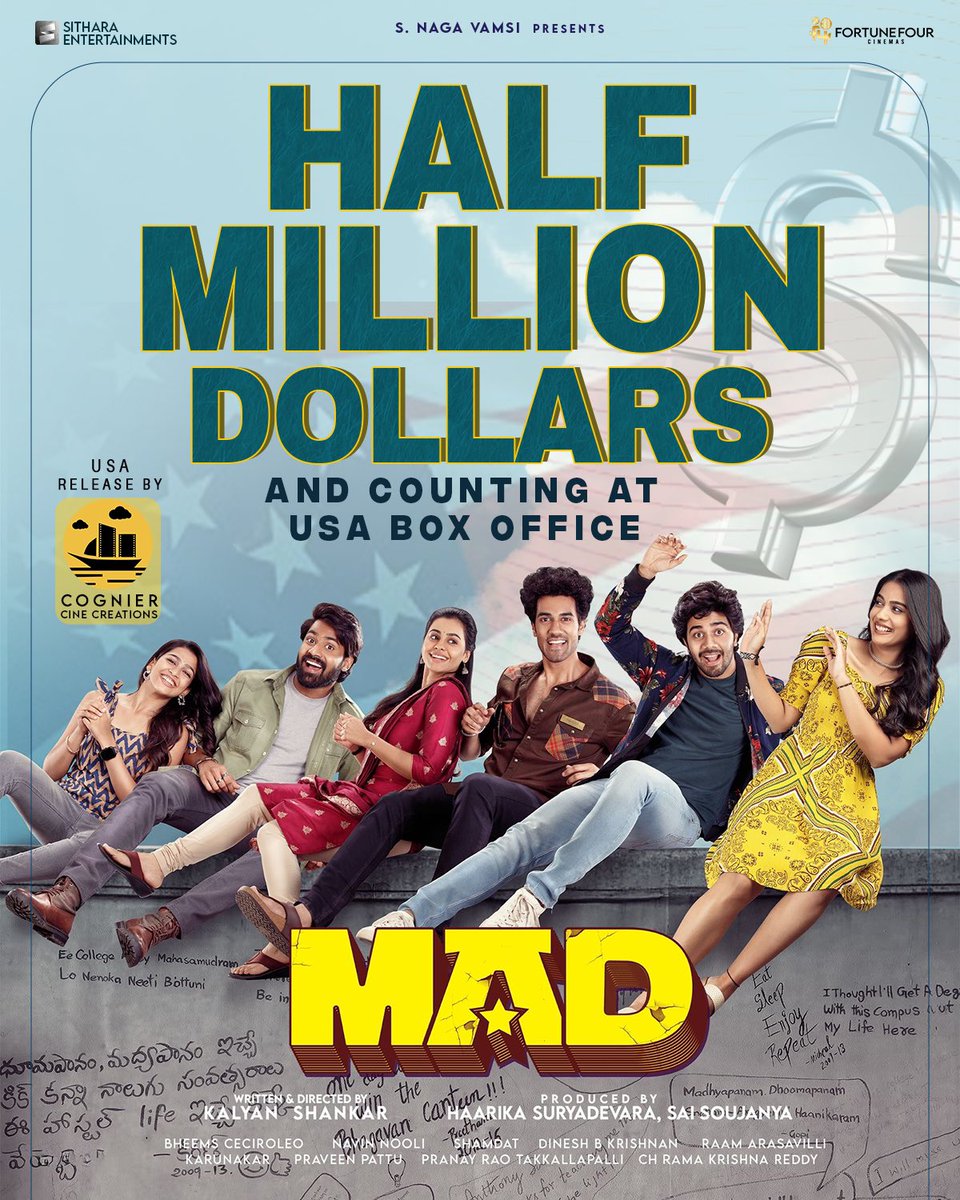 CognierCC's tweet photo. #MAD Entertainer of the year rocking at USA box office with HALF MILLION DOLLAR gross 🥳🔥

Our heartfelt gratitude to the USA audience for making #BlockbusterMAD, one of the biggest hits of the year! 🇺🇸

#MADTheMovie USA grand release by @CognierCC

@kalyanshankar23 @vamsi84 #HarikaSuryadevara #SaiSoujanya @NarneNithiin #SangeethShobhan #RamNitin @gouripriyareddy @Fortune4Cinemas @SitharaEnts