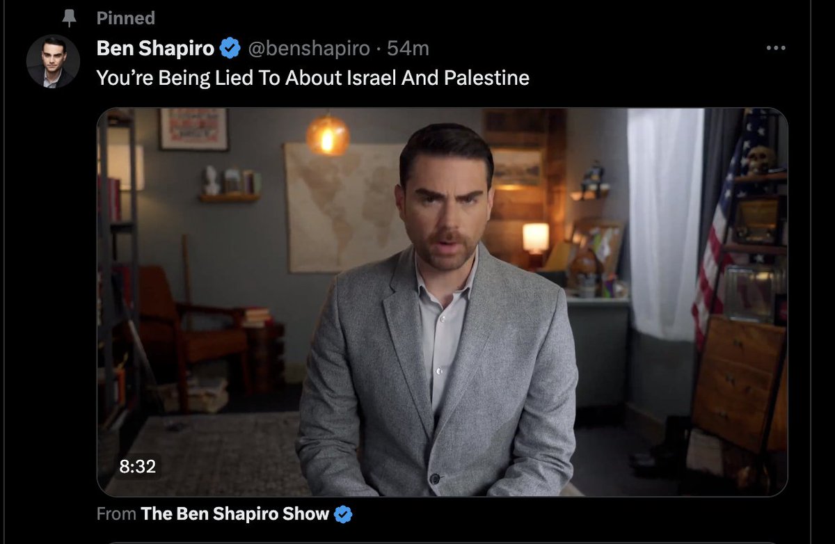 KeithWoodsYT's tweet photo. For 7 years, Shapiro didn't change his "facts don't care about your feelings" pinned Tweet.

This week, he has replaced it with a series of new posts intended to win support for Israel.

Isn't Ben American? Was there no issue in the US as important to him for the last 7 years? https://t.co/2Zqho2b6hU