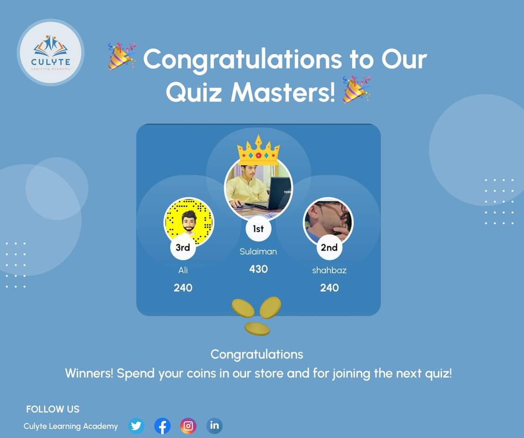 Culyte_Academy's tweet photo. 🎉 Congratulations to Our Quiz Masters! 🎉

Want to challenge yourself in the next QUIZ.
Download app using below link and lets have fun.
link: https://t.co/oCPKTBYakv

#Afganistan #Palestine
#ENGvsAFG #Gaza #HamasTerrorist #غزة_الآن #cricket #Trending https://t.co/gdUfO3rNVY