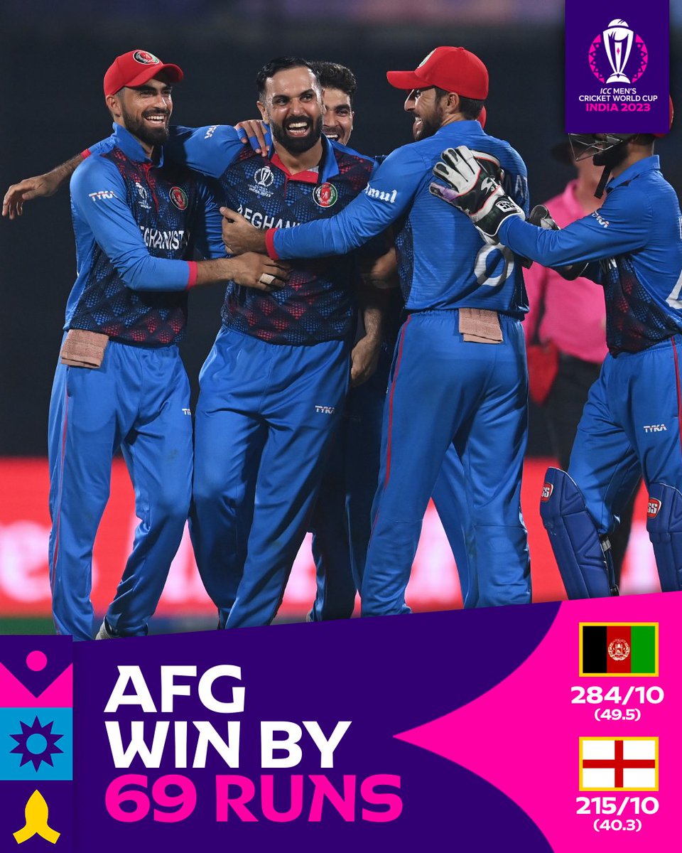 ICC's tweet photo. Afghanistan scripted history with a stunning upset win over defending champions England in Delhi in a thrilling #CWC23 clash 🙌

#ENGvAFG | 📝: https://t.co/bg3maGwrG6 https://t.co/YJ2Qd4dDN8