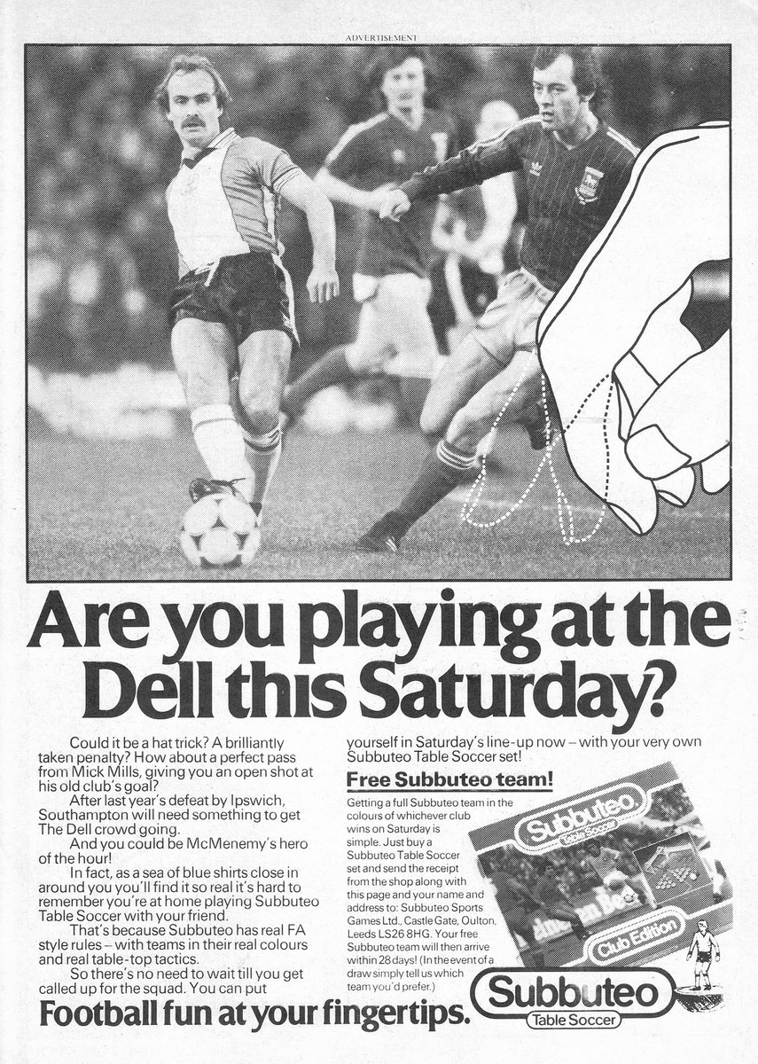 'Are you playing at the Dell this Saturday?' A #Subbuteo ad from Look-in, week ending 29 0ctober 1983. 

#football #nostalgia #1980s