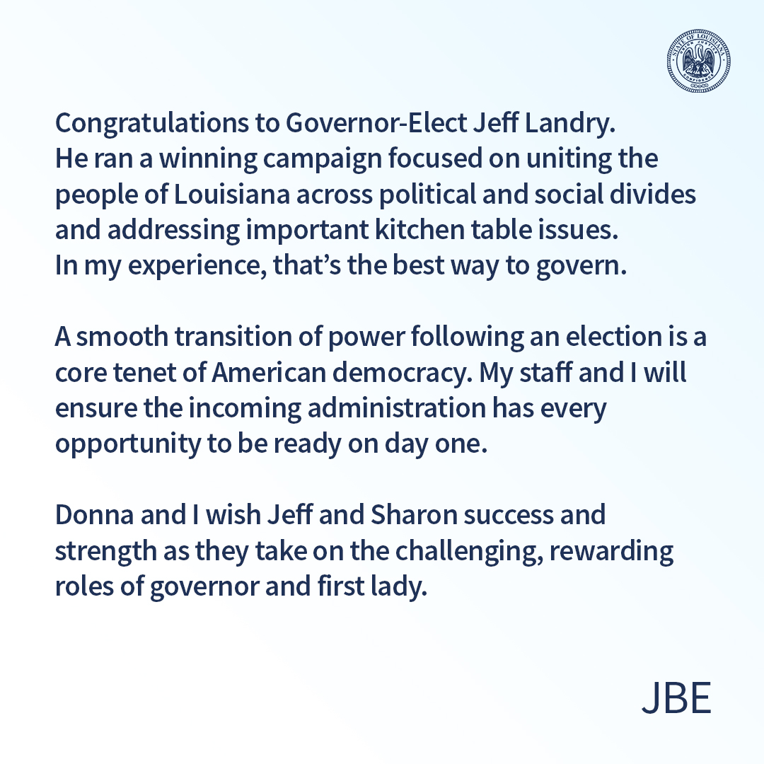 LouisianaGov's tweet photo. Today, Gov. John Bel Edwards released a statement on the gubernatorial election. #lagov #lalege https://t.co/HirHjRGFdC