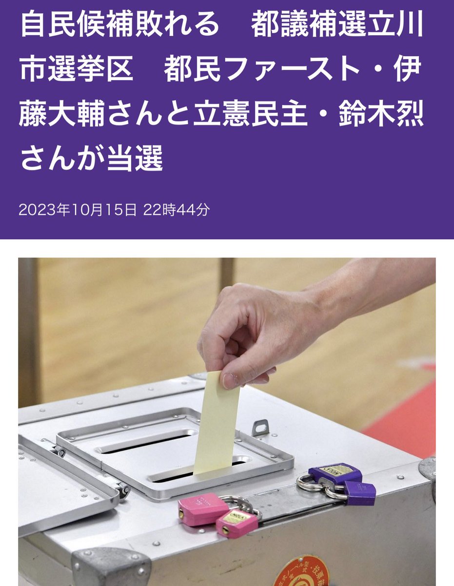 自民候補敗れる　都議補選立川市選挙区　都民ファースト・伊藤大輔さんと立憲民主・鈴木烈さんが当選

東京都議補選立川市選挙区は15日投開票され、地域政党・都民ファーストの会新人の伊藤大輔さん（48）と、立憲民主新人の鈴木烈さん（49）＝共産、れいわ支持＝が当選した