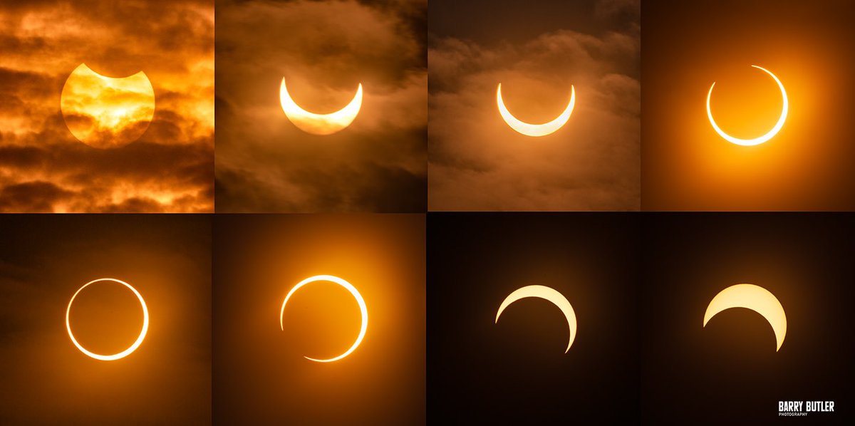 barrybutler9's tweet photo. Stages of yesterday’s Annular Solar Eclipse, the Ring of Fire, at times fighting thru the clouds over Klamath Falls, Oregon.  Next one is in 16 years in the US…don’t miss it. https://t.co/qax1wHQ7yn