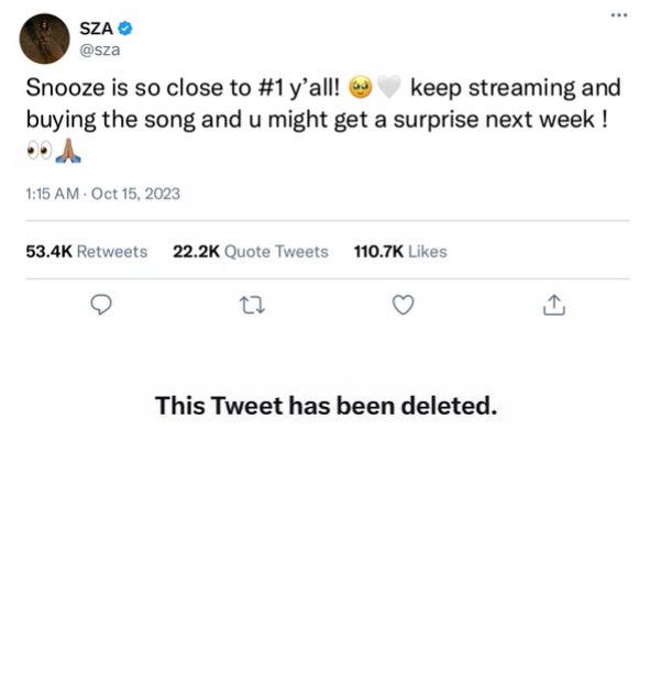 PoPBa5e's tweet photo. In a recent deleted tweet, SZA teased a “surprise” next week if fans get “Snooze” to number one on the Billboard Hot 100. https://t.co/BD2kJUKNdQ
