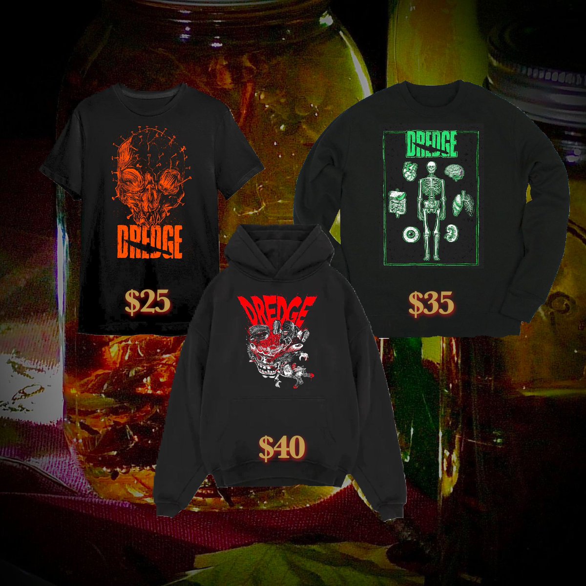 Preorders come down today at 6pm. 
This might be the last time we print these designs, don’t sleep 😳⚰️

dredgekills.bandcamp.com/merch