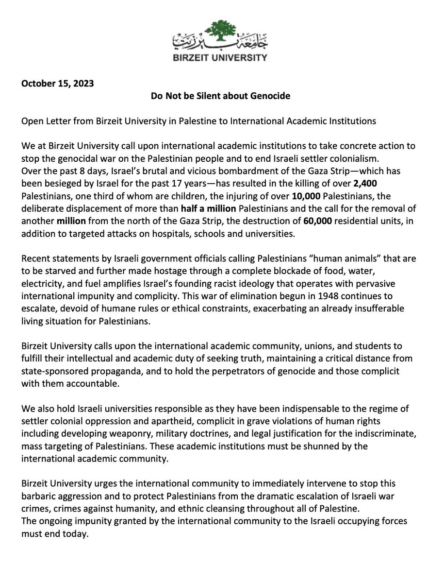 Do Not be Silent about Genocide Open Letter from Birzeit University in Palestine to International Academic Institutions bit.ly/3tE2viS