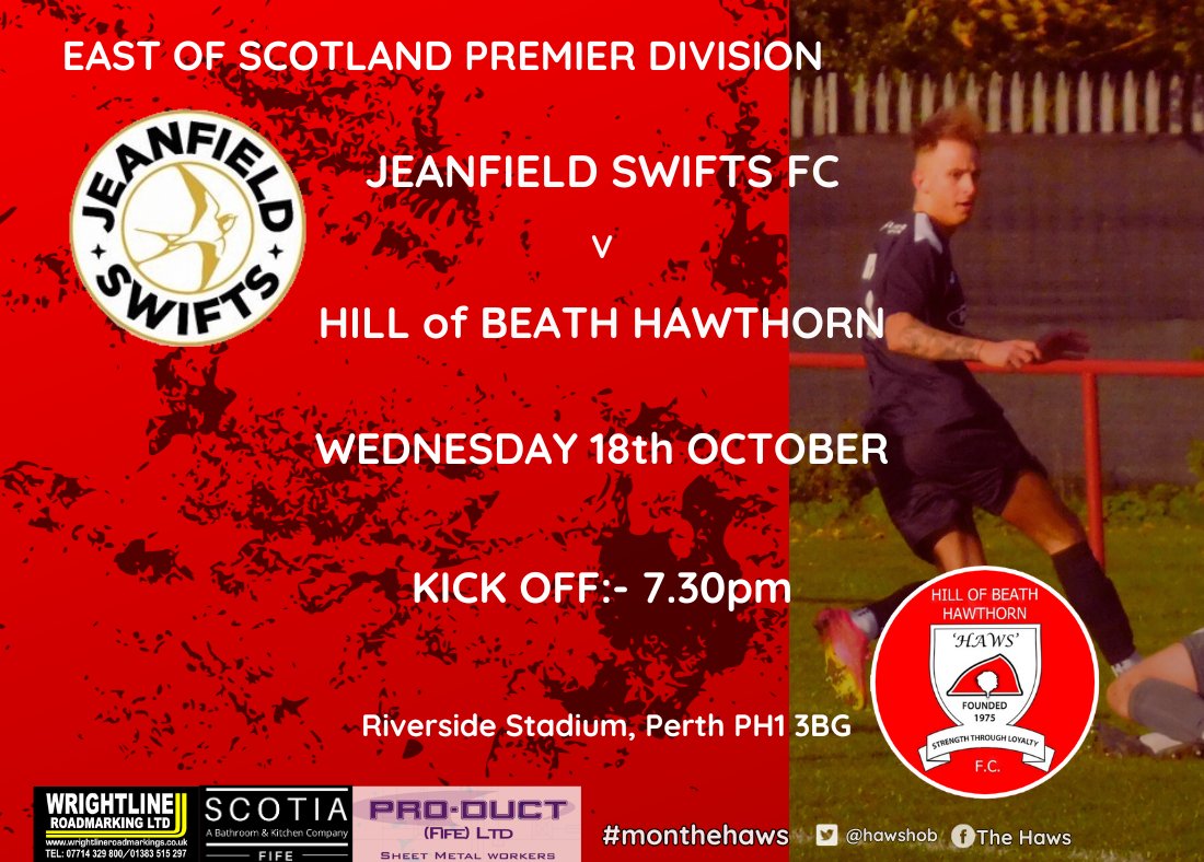 A quick turnaround for the boys this week with Wednesday night action against <a href="/JeanfieldSFC/">Jeanfield Swifts FC</a>  
in matchday 11 of the <a href="/EastScotlandFA/">East of Scotland Football League</a> Premier Division. KO: 7.30pm

#monthehaws