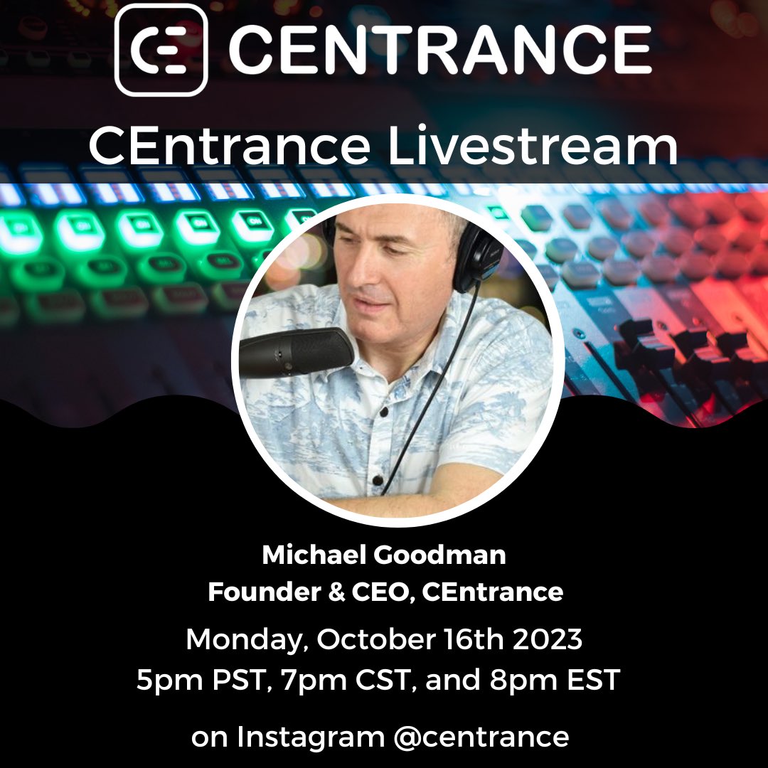 Our own Michael Goodman is back tomorrow with a special solo stream to update you all on what’s coming up at CEntrance. He will also be taking questions so please tune in and have your questions ready on our Instagram page!

#centrance #audio #music #podcast #creator #producer