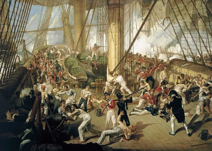 On this day in 1805, the Royal Navy defeats a combined French and Spanish fleet off Cape Trafalgar. The triumph is decisive yet costly; Britain's best admiral, Horatio Nelson, is fatally wounded on the quarterdeck of his flagship, HMS Victory. #TrafalgarDay