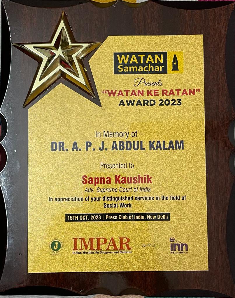 Grateful to receive an award for our work in providing legal awareness and support to the  underprivileged.@WatanSamachar #AbdulKalamLegacy #LegalAwareness  #AwardWinner #InterfaithHarmony #SocialJustice #LeadershipSummit