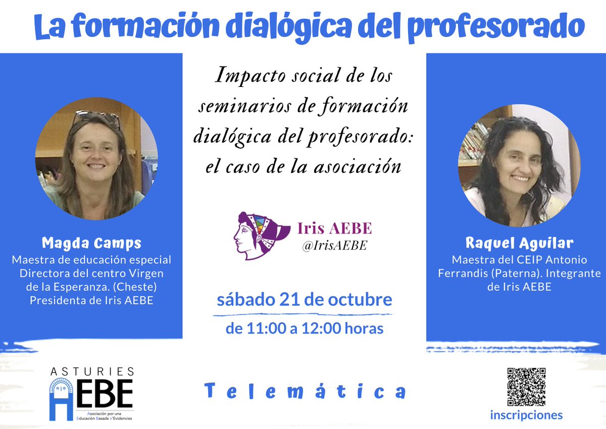 AsturiasAEBE's tweet photo. Este sábado 21 de octubre charla sobre formación dialógica del profesorado con impacto social: el caso de  @IrisAEBE.

🌸Para toda la comunidad educativa
🕰️11:00-12:00h
📍Por Zoom

Inscripciones: https://t.co/vBq7UEta9A

@Educastur @CPROviedo @cprcuencas @cprgijon @cpravilesocci https://t.co/uWdYlH0J0h
