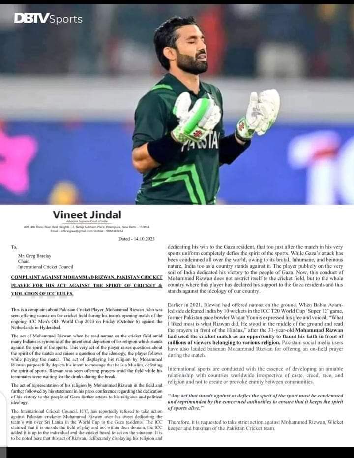 Breaking News: An Indian lawyer has filed a case against Pakistan wicketkeeper Muhammad Rizwan for offering Namaz in the Stadium during the opening match against the Netherlands.

A big shame on this lawyer.

.
.
.
.