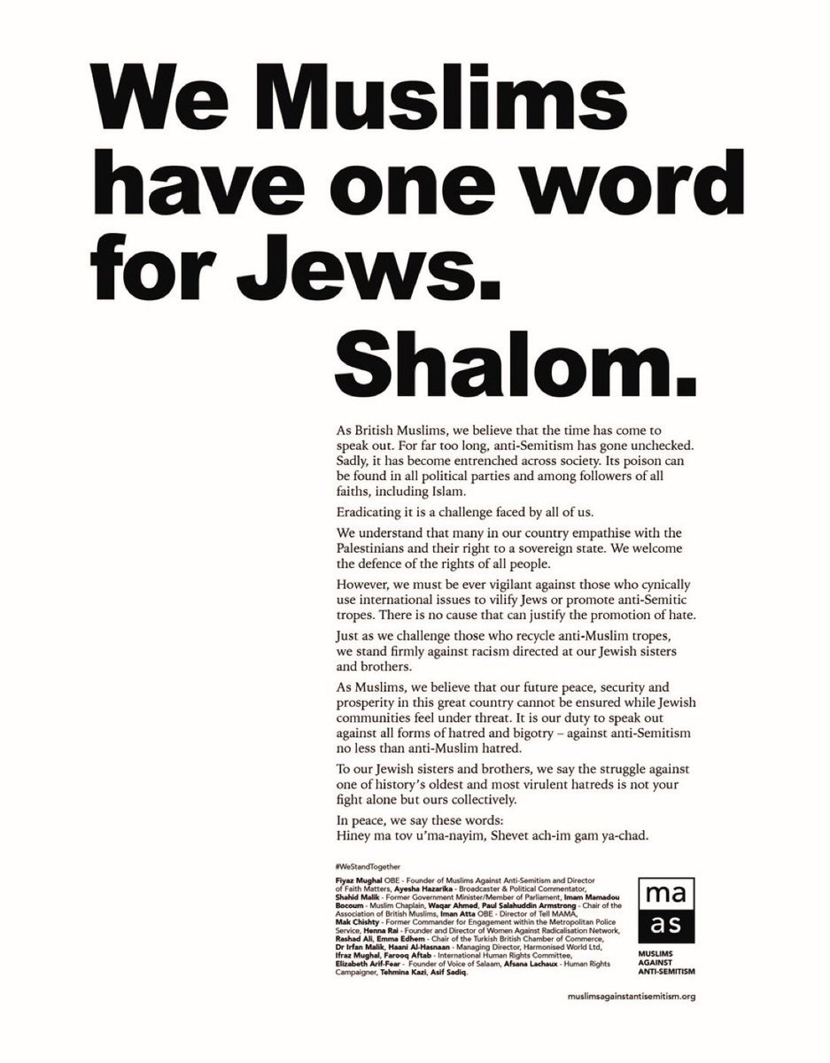 MAAS_UK's tweet image. “We Muslims have one word for Jews. 

Shalom”.

Still as resonant today as it was in the national newspapers 4 years ago when we placed them in. 

#Muslims #Jews