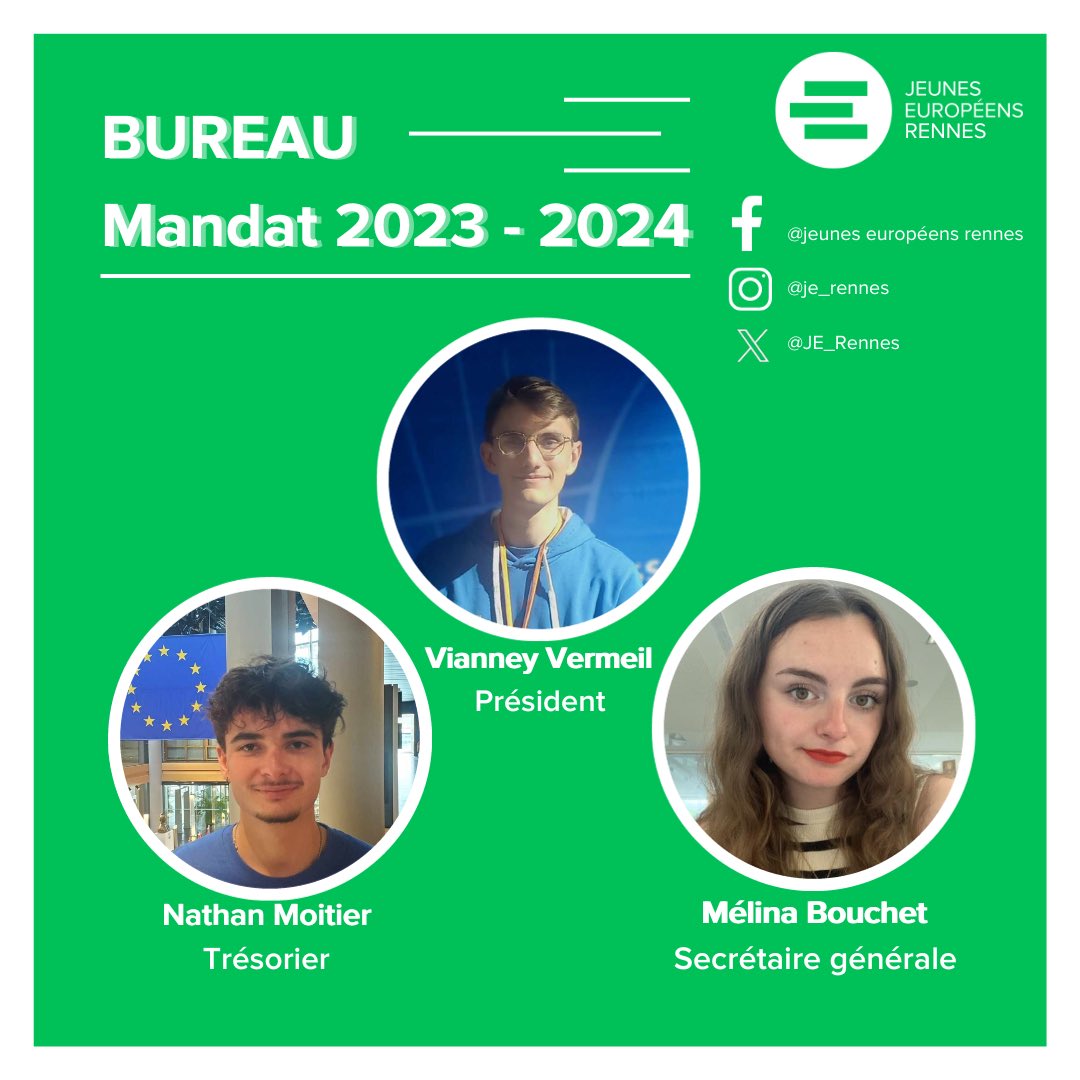 Les jeunes européens - Rennes ont le plaisir de vous présenter le nouveau bureau pour le mandat 2023 - 2024.

On a hâte de vous retrouver pour échanger et faire vivre l’Union Européenne en Bretagne.

A très vite !

<a href="/JeunesEuropeens/">Les Jeunes Européens - France</a> 
#jeuneseuropeens #rennes #JEFspirit