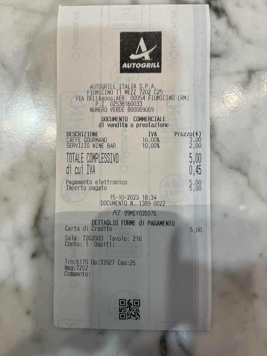 È la PRIMA VOLTA nella mia vita che pago 2 euro di servizio per un cappuccino al banco! 
Ma cosa vuol dire <a href="/Autogrill_Group/">Autogrill </a>  ? 

Ma é legale far pagare un servizio al banco in Italia <a href="/Autogrill_Group/">Autogrill </a>  di 2 euro Per un cappuccino?