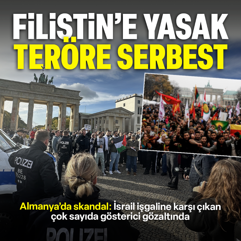 yenisafak's tweet photo. Terör örgütü PKK yandaşlarının sık sık eylem ve mitingler düzenlediği Almanya'nın başkenti Berlin'de toplanan binlerce kişinin Filistin için yürüyüş yapmasına izin verilmedi.