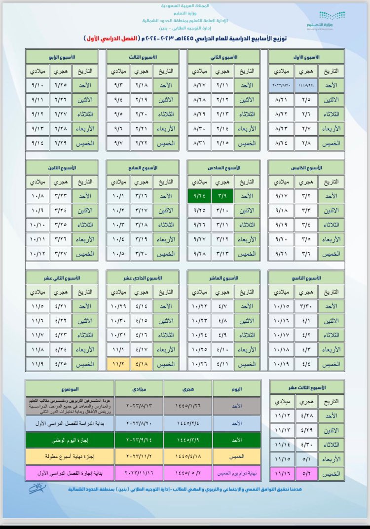 للجميع  |
توزيع الأسابيع الدراسية للفصول الدراسية الثلاثة  للعام الدراسي ١٤٤٥
مع كامل الإجازات المطولة والرسمية .