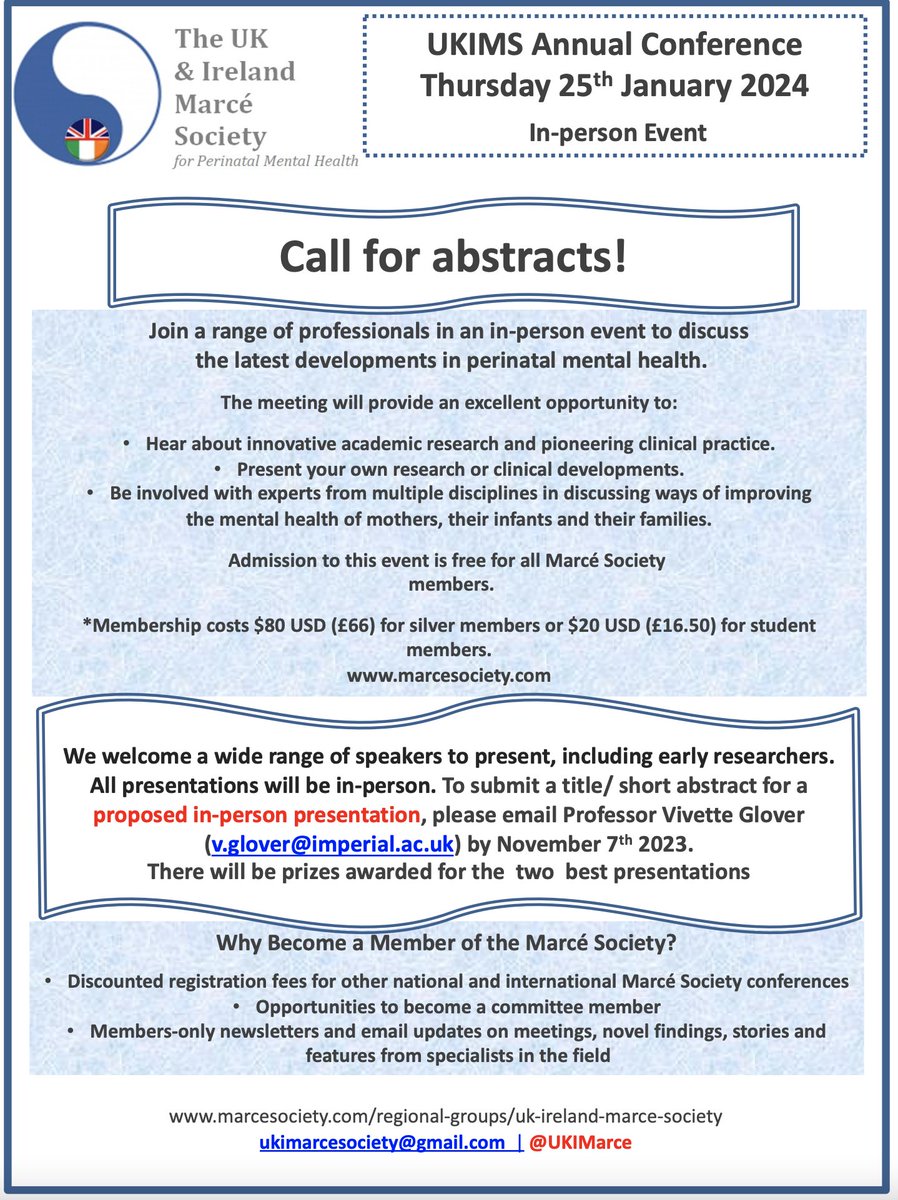 Call for Abstracts! We are excited to announce that the @UKIMarce Annual conference will take place in London 25th January 2024. For further information please see flyer attached. Deadline for submission: 7th Nov 2023 #UKIMS #perinatal #mentalhealth