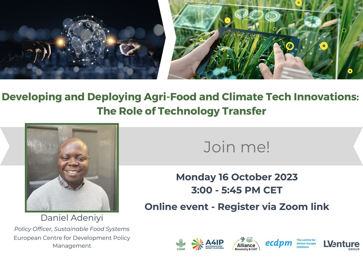 Daniel Adeoluwa Adeniyi (@adeoluwaadeniyi) on Twitter photo I will be intervening at the event βDeveloping and Deploying Agri-Food and Climate Tech Innovations: The Role of Technology Transferβ this Monday, 16 Oct, 3PM CET. Join me and a panel of specialists. Attend online here: shorturl.at/xKMN1 <a href="/ECDPM/">ECDPM π π</a> I will be intervening at the event βDeveloping and Deploying Agri-Food and Climate Tech Innovations: The Role of Technology Transferβ this Monday, 16 Oct, 3PM CET. Join me and a panel of specialists. Attend online here: shorturl.at/xKMN1 <a href="/ECDPM/">ECDPM π π</a>