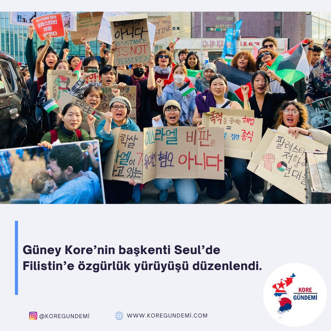 Güney Kore'nin başkenti Seul'de bir araya gelen vatandaşlar, Filistinlilere destek amacıyla yürüyüş düzenledi.