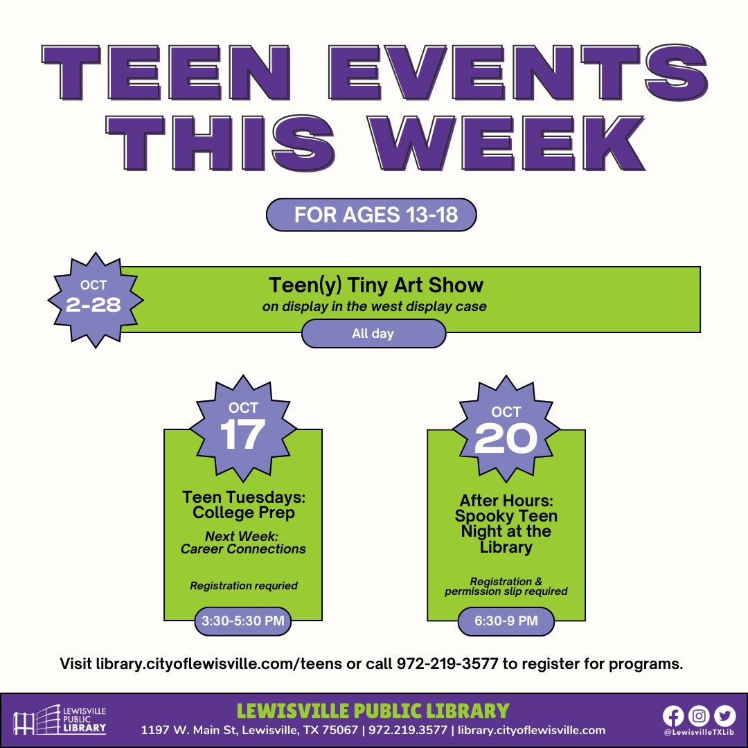 This week at LPL, we have programs for all ages including Family Craft Night, Storytime in the Park, and Spooky Teen Night at the Library! Visit library.cityoflewisville.com for information on these and other programs! And be sure to stop by to see our Teen(y) Tiny Art Show!