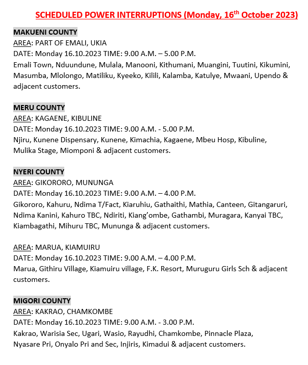 KenyaPower_Care's tweet photo. Hello, these areas will be affected by planned power interruptions tomorrow: ^BT https://t.co/QouHIxyy2C