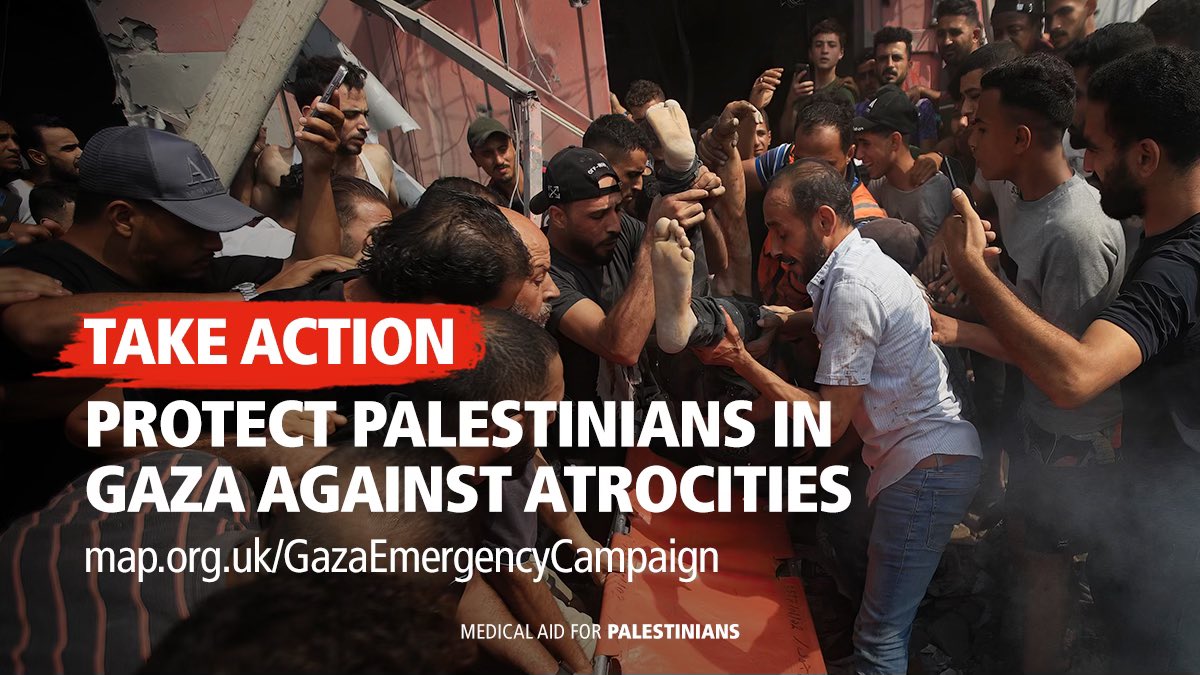🚨#Palestinians in #Gaza are facing an unprecedented humanitarian catastrophe as a result of Israel’s military assault. 

The targeting of civilians is never acceptable. Please take urgent action and email your MP now to save lives: map.org.uk/campaigns/prot…