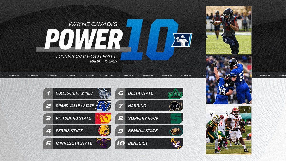 Welcome to the Power 10, @GoTigers_BC!👋

After a few upsets this weekend, Turner Sports' Wayne Cavadi shares this week's #D2FB power 🔟 rankings.

1⃣ <a href="/MinesFootball/">Mines Football</a> 
2⃣ <a href="/gvsufootball/">GVSU Football</a> 
3⃣ <a href="/GorillasFB/">Pitt State Football</a> 

#MakeItYours | on.ncaa.com/101523D2FB