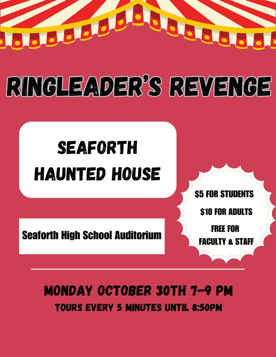 Join us for Seaforth Theatre’s first ever haunted house Oct. 30th! Open to the public, recommended for ages 13 and up.

Drop in anytime between 7pm to 8:50pm.  Tours run every five minutes. The last tour begins at 8:50pm. Enjoy some snacks before or after your tour.

#ccsarts