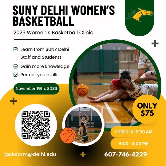 CoachJ215's tweet photo. 🚨🚨We are excited to announce our 2023 women’s basketball clinic🚨🚨Here’s an opportunity to improve your skills by working with current college players and staff.

To register, you can visit SUNY Delhi Women’s Basketball under “Clinic Registration”

#DelhiDrive #NewBeginnings https://t.co/EQnuT4nR35