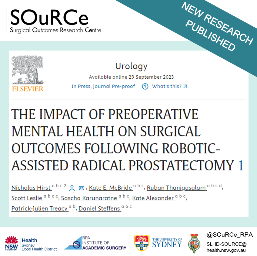 SOuRCe (@source_rpa) on Twitter photo New publication from Nicholas Hirst and members of the <a href="/SydneyLHD/">Sydney Local Health District</a> Robotics Program, investigating the impact of mental health status before robotic radical prostatectomy. Read more here: doi.org/10.1016/j.urol…
<a href="/drruban/">Ruban Thanigasalam</a> New publication from Nicholas Hirst and members of the <a href="/SydneyLHD/">Sydney Local Health District</a> Robotics Program, investigating the impact of mental health status before robotic radical prostatectomy. Read more here: doi.org/10.1016/j.urol…
<a href="/drruban/">Ruban Thanigasalam</a>