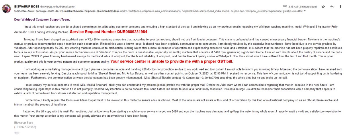 BISWARUPBOSE's tweet photo. @WhirlpoolCorp my  washing machine continues to malfunction, leaking water after a mere 18  minutes of operation and experiencing excessive noise and vibrations. It  is evident that the machine has not been properly repaired .Your service center is unable to provide me with a proper GST bill. https://t.co/jrU0ntuzei