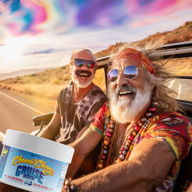 tommychong's tweet photo. Get ready to blast off into a world of flavor with Cheech &amp; Chong's Cruise Chews! Bursting with vibrant fruity goodness, these chews are your ticket to a laid-back escape. So, grab a jar, kick back, and let the good times roll!