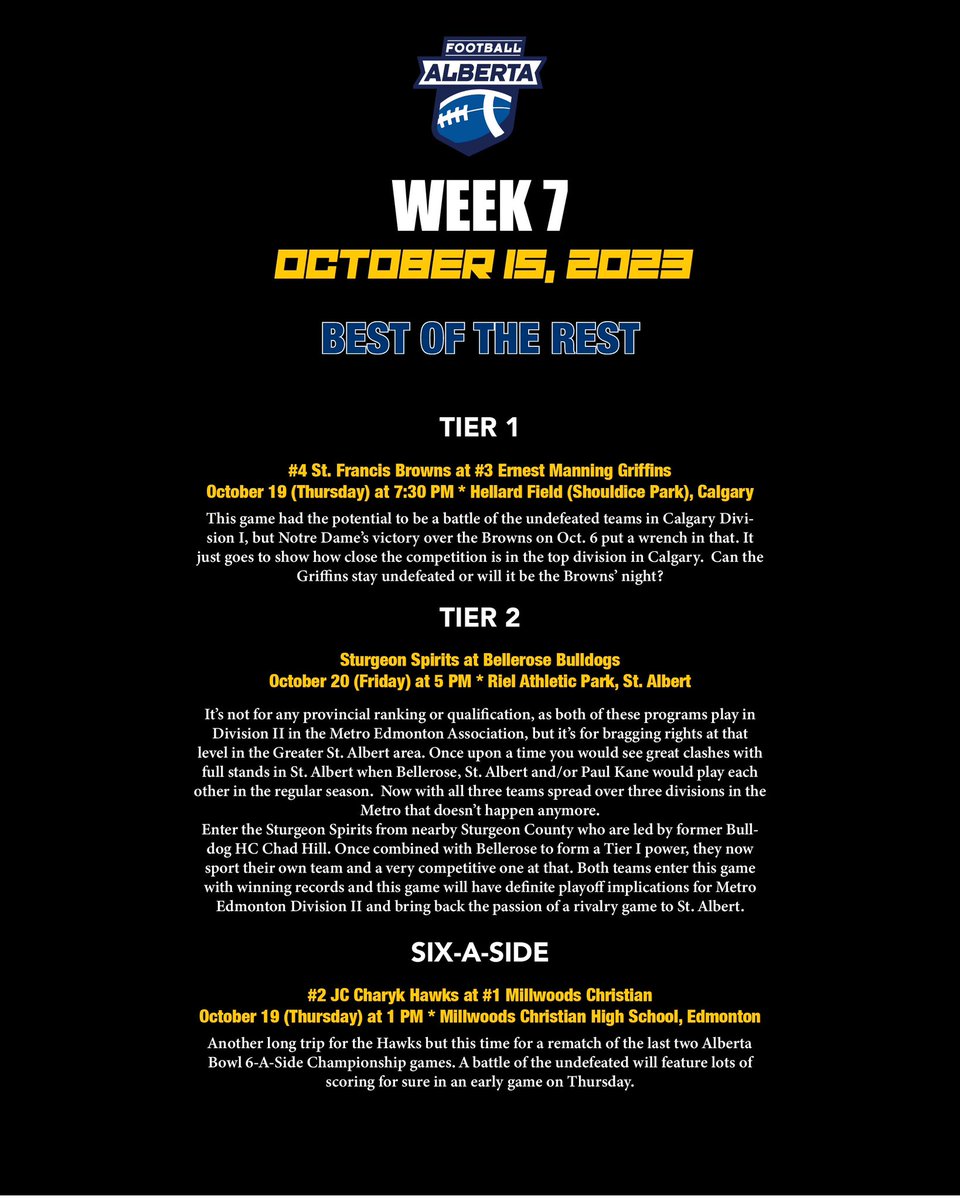 FootballAlberta's tweet photo. For Week 7 Game of the Week it is another Tier I matchup as teams eye that berth in the provincial playoffs.
🏈🏈
#football #footballalberta #highschoolfootball #2023season #asaaprovs #gameoftheweek https://t.co/ZuBp91mzGn