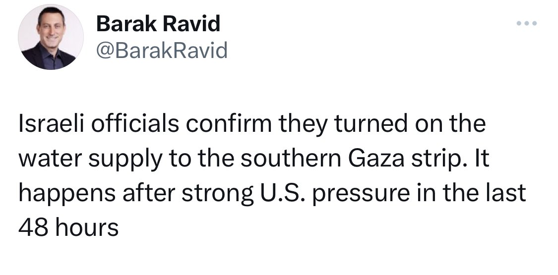 The Israeli regime has claimed it has “turned on” the water supply in the southern part of Gaza. What they are not saying is that they’ve destroyed so many of the water pipes and that electricity is needed for the water pumps. Read through the propaganda folks.