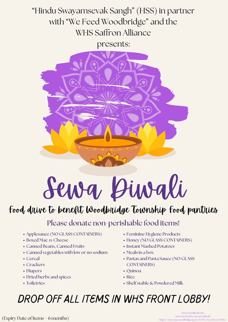 Please donate non-perishable food items to help the Woodbridge Township food pantries to help donate to those in need. There is a box in the WHS main lobby where you can drop off all your items! The Saffron Alliance is glad to be able to work towards giving back to our community!