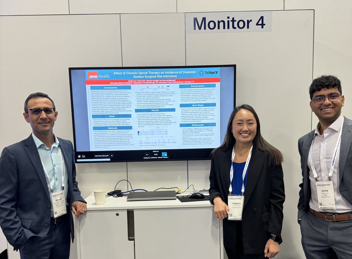 Parturients with chronic opioid use have higher post c-section infection. Christy Lee and Shiva Nuti ⁦(@utmbhealth⁩ medical students )presenting abstract with ⁦@BabazadeMD⁩ and ⁦@RicheshG⁩ (⁦@UTMBAnesthesia⁩) #ANES23 ⁦@SOAPHQ⁩ ⁦@TSAPhysicians⁩